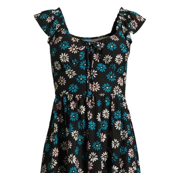 Black and Blue FLORAL High-Low Dress - Flutter Sleeve Dress - Picture 2 of 13